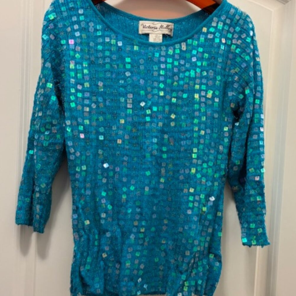 New VICTORIA HOLLEY Heavily TRANSLUCENT TURQUOISE SEQUIN 3/4 Slv SWEATER Top * S